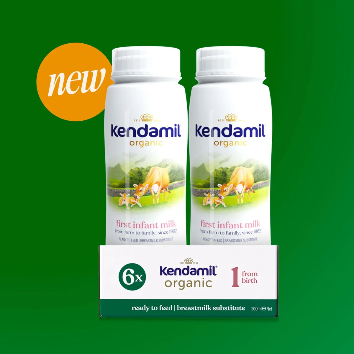 Two bottles of Kendamil organic ready to feed first infant milk formula on a green background with 'new' label.