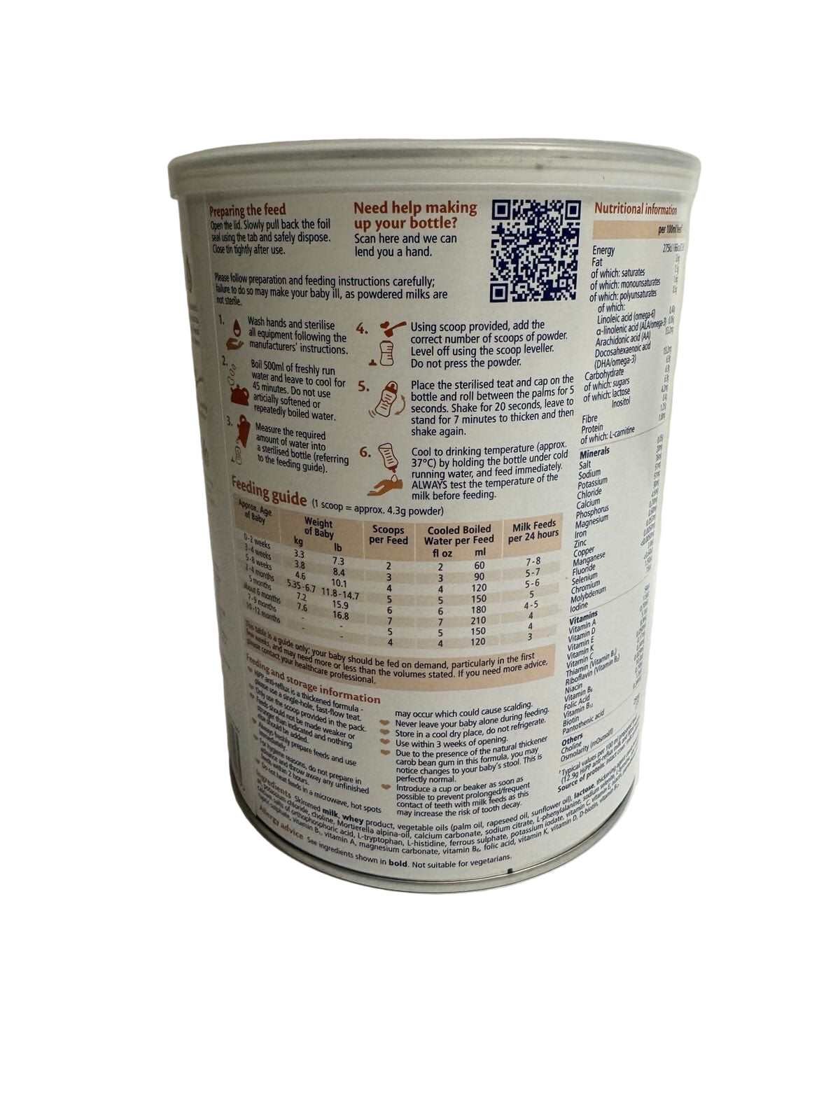 Back of a can with nutritional information and QR code on a white background