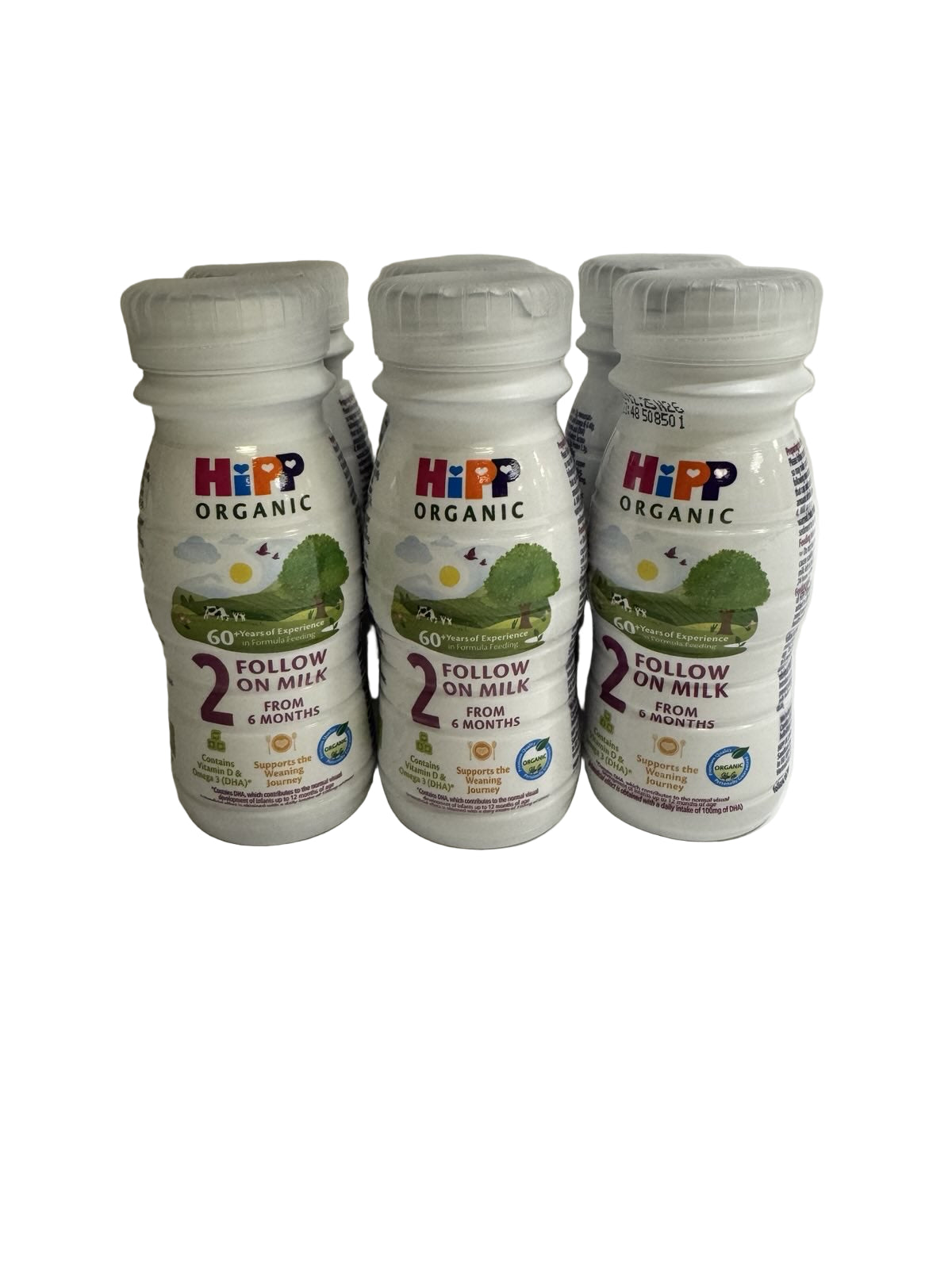Six Hipp Organic ready to feed Follow On Milk bottles on a white background