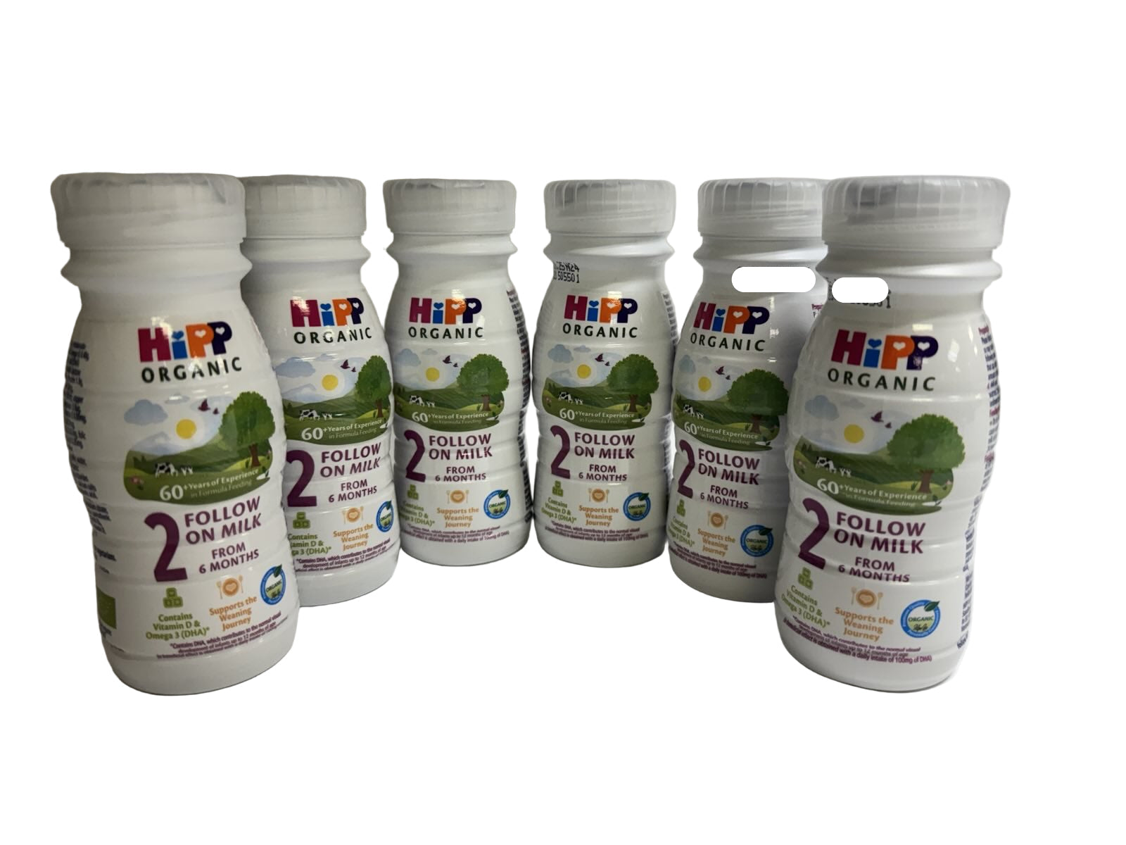 Six HiPP Organic follow on ready to drink baby formula bottles on a white background