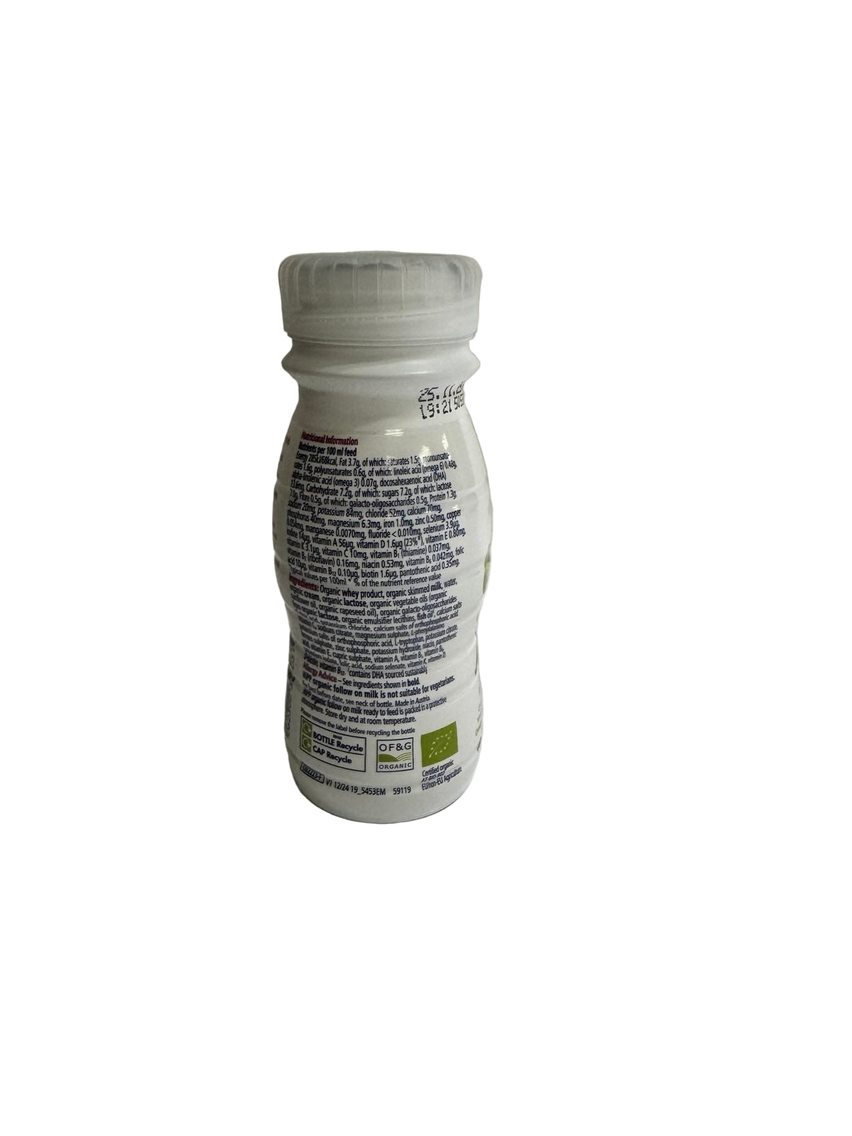 Hipp Organic ready to feed follow on milk Bottle ingredient label on a plain background