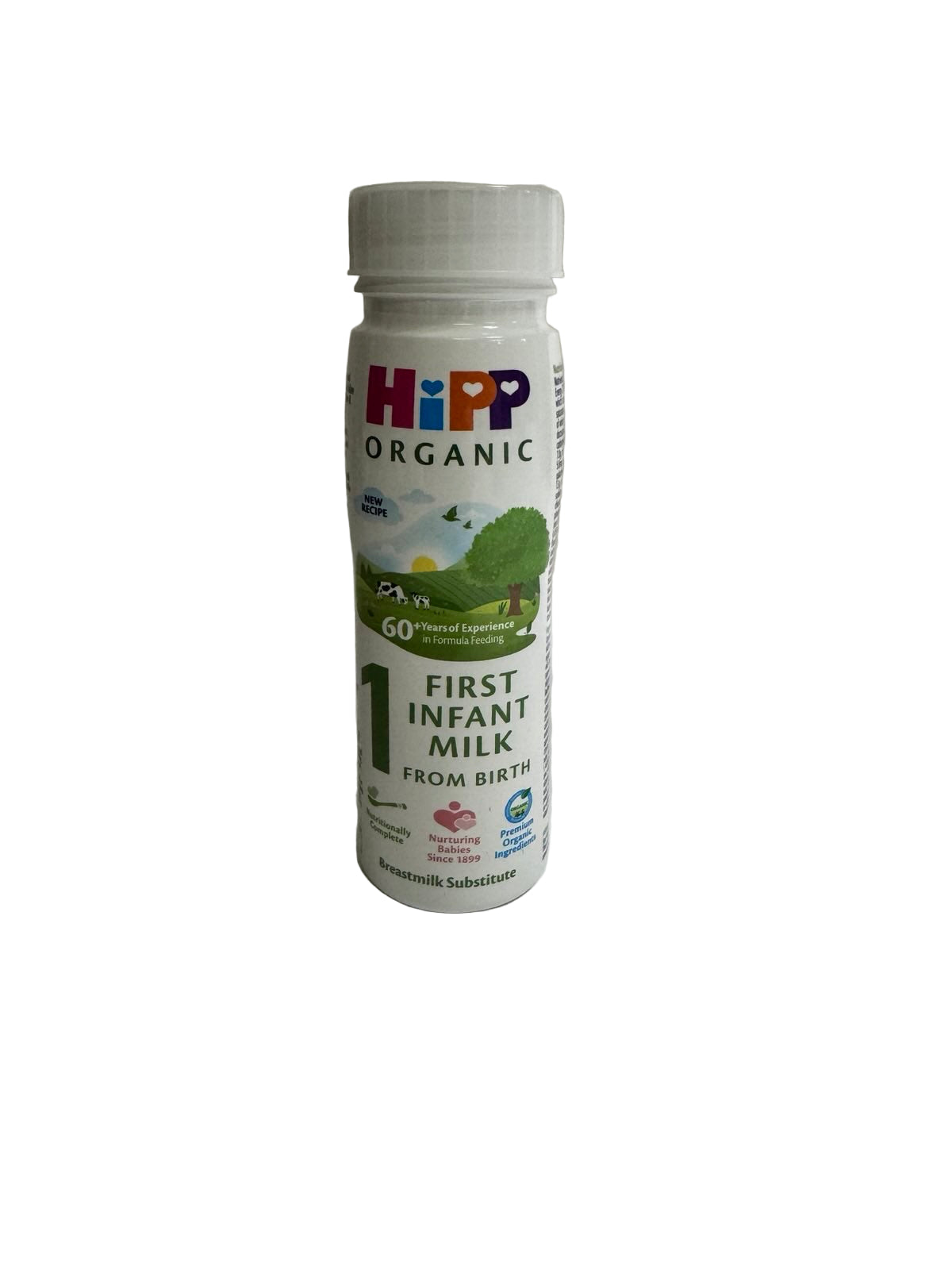 Hipp Organic First Infant Ready to Feed Milk bottle on a plain background