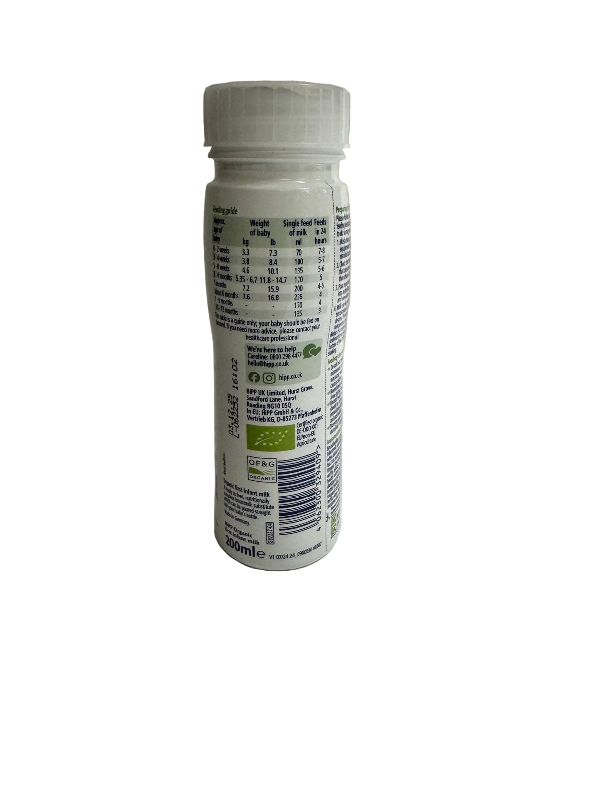 Hipp Organic First Infant Ready to Feed Milk bottle serving size label on a plain background