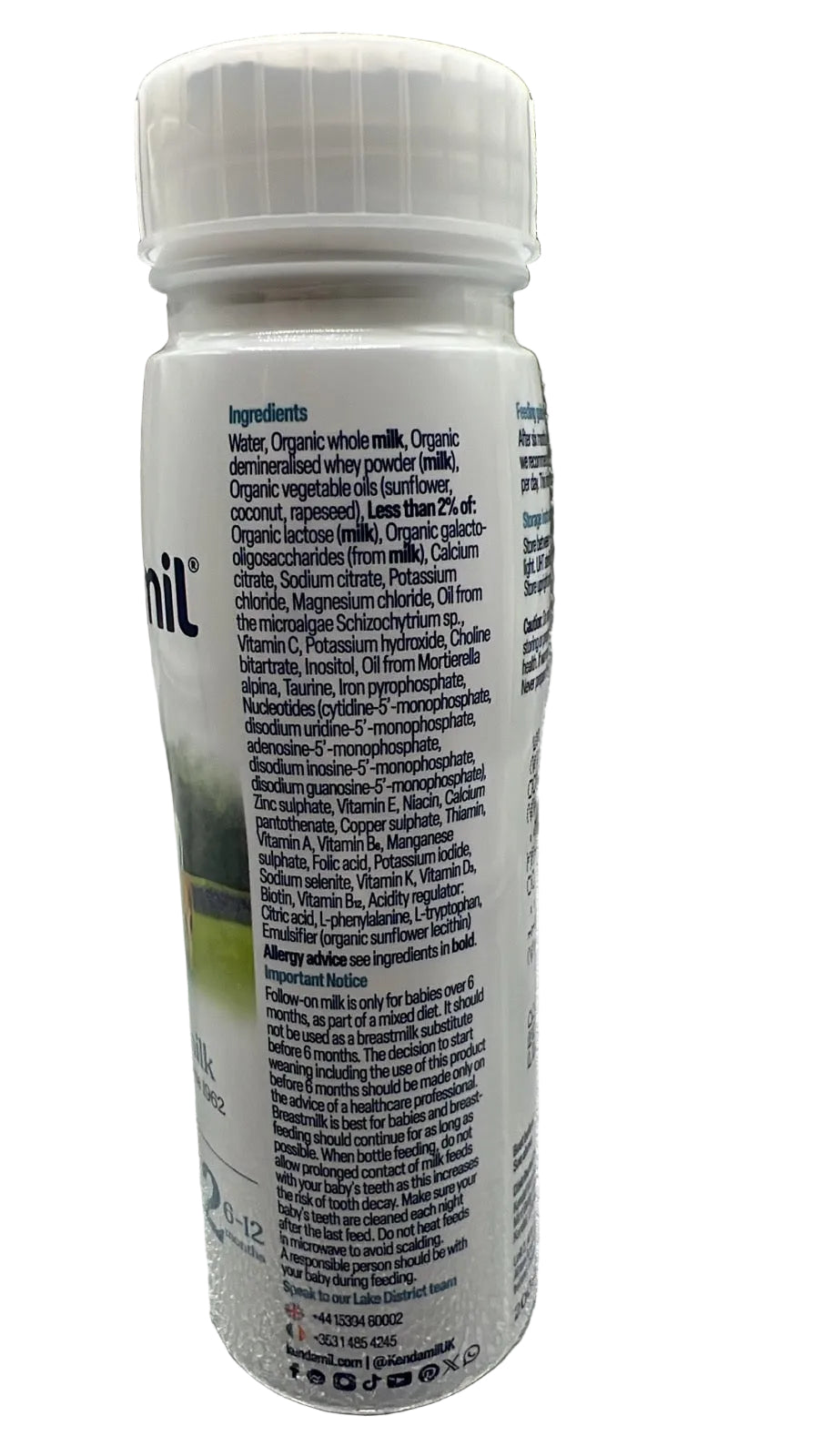 Bottle of organic baby ready to feed follow on milk formula with a label against a white background.