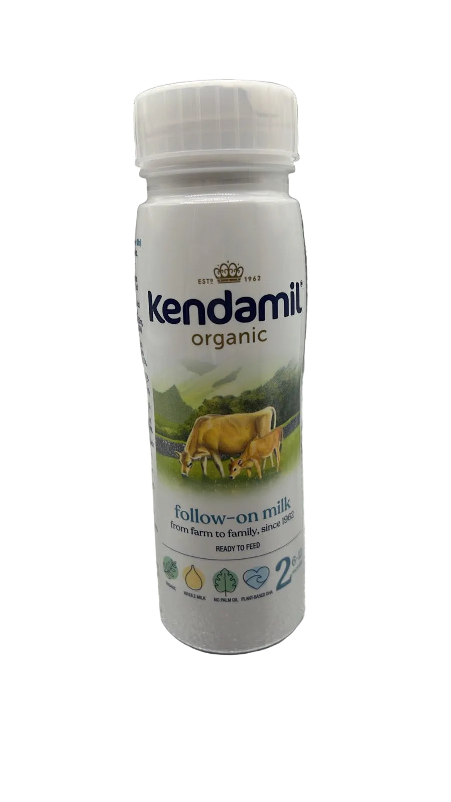 Kendamil organic follow-on ready to feed milk formula bottle against a white background.
