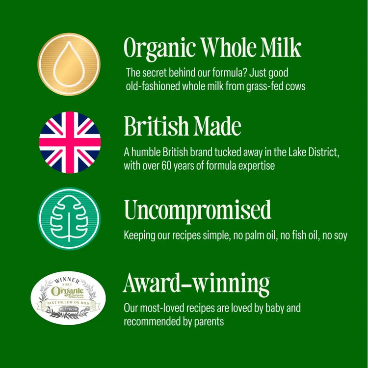 A green promotional graphic with four text blocks and icons: Organic Whole Milk, British Made, Uncompromised, and Award-winning.