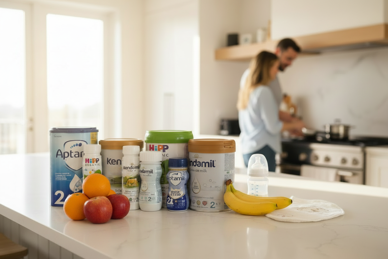 A group of European baby formula cans and liquid ready to feed formulas arranged on a white background including Aptamil, Kendamil, and HiPP