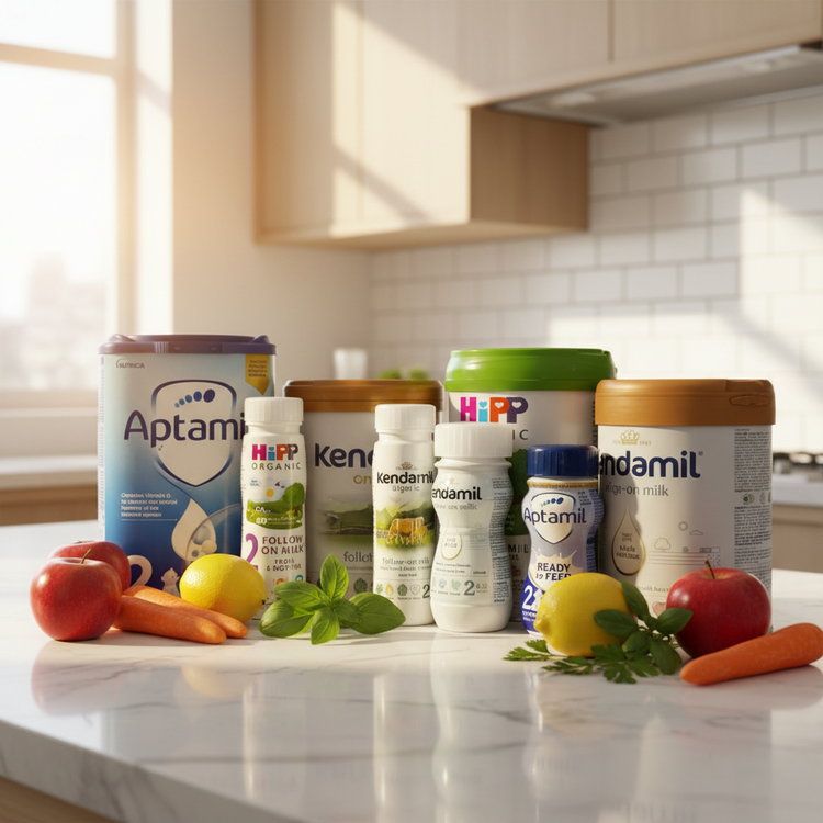 A group of baby formula products arranged on a kitchen counter with fresh produce. Visible brands include Aptamil, HIPP, Kendamil from the United Kingdom