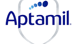Aptamil logo on a white background, featuring blue text and a white shield outline with blue dots.