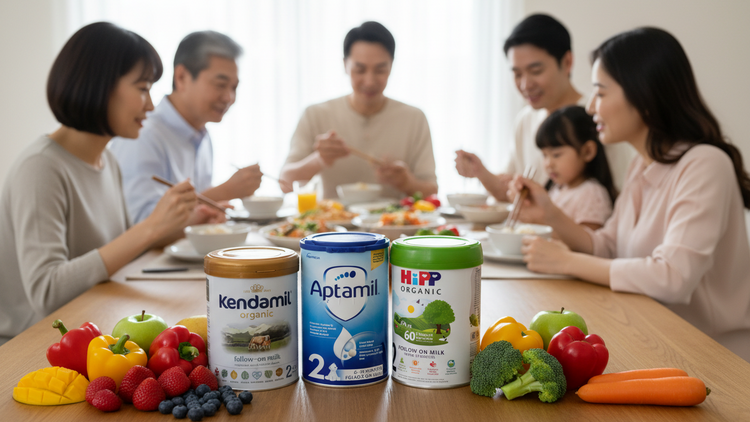 Three baby formula cans are displayed on a wooden table in front of a family dining room scene. The cans include Kendamil Organic, Aptamil 2+ Year Old, and HPP Organic, surrounded by fresh fruits and vegetables like broccoli, carrots, and berries.