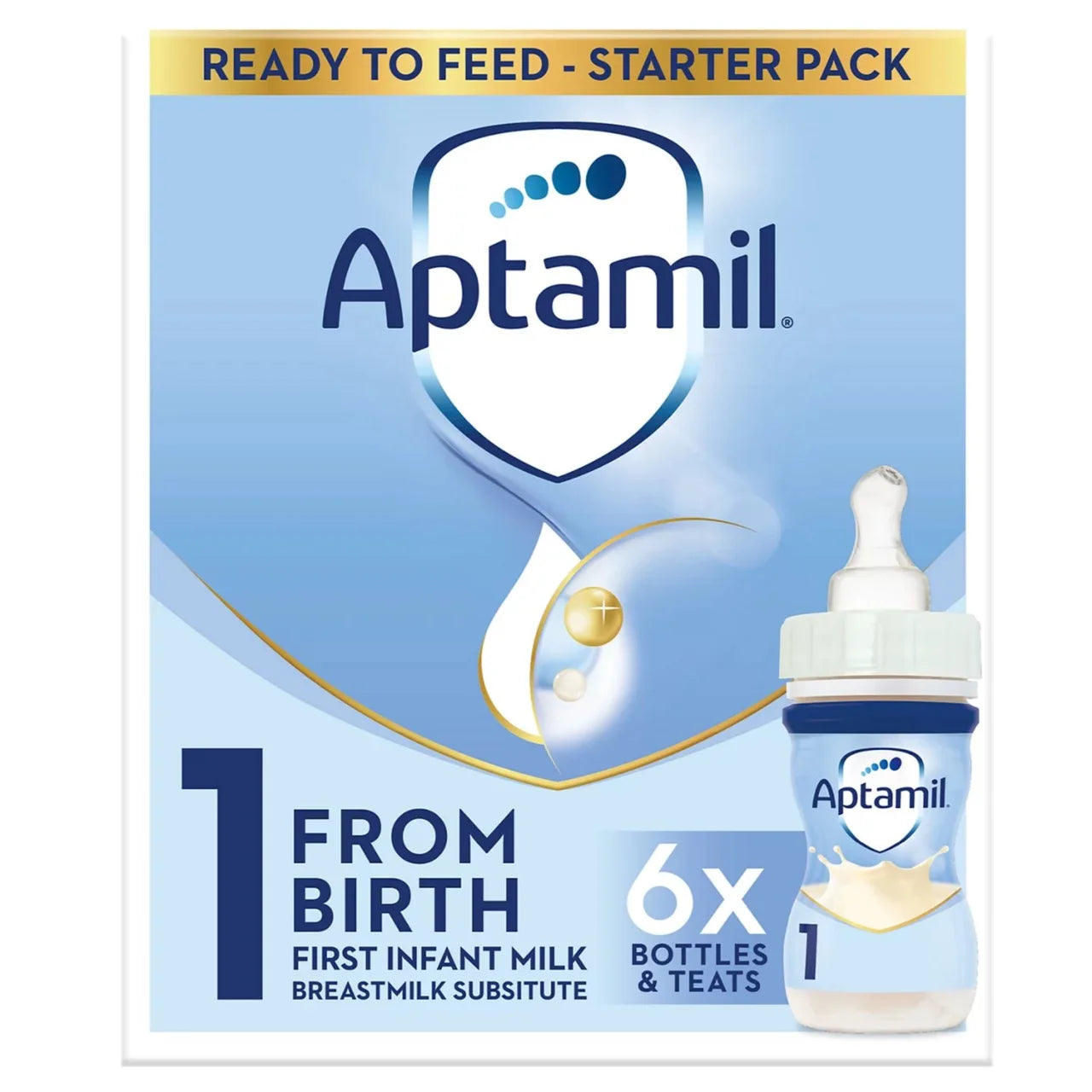Aptamil baby formula packaging with a bottle illustration on a blue background