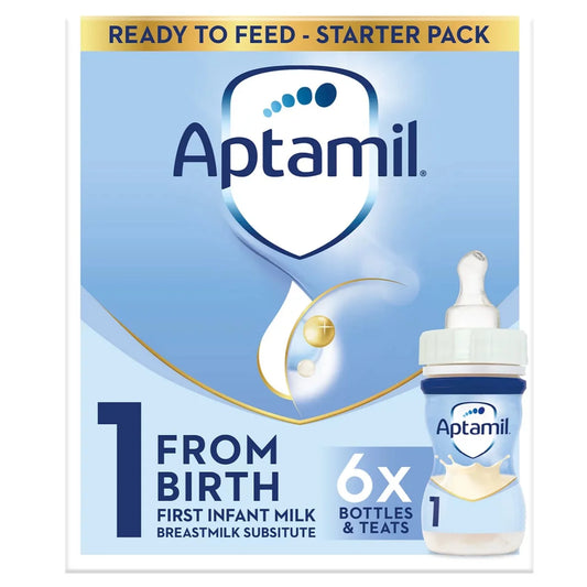 Aptamil baby formula packaging with a bottle illustration on a blue background