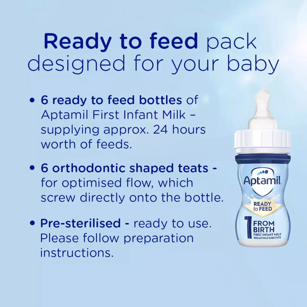 Aptamil Ready to Feed pack for babies with text and bottle illustration on a blue background