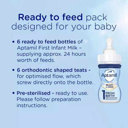 Aptamil Ready to Feed pack for babies with text and bottle illustration on a blue background