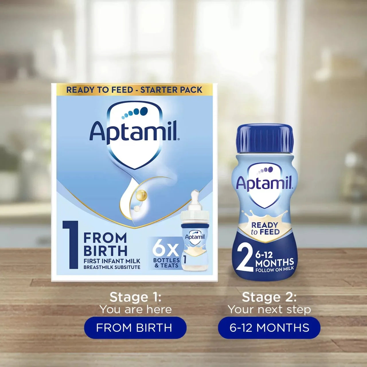 Aptamil Ready to Feed starter pack shown with a box labeled Stage 1 From Birth and a bottle labeled Stage 2 6-12 months, placed on a wooden surface against a blurred kitchen background.