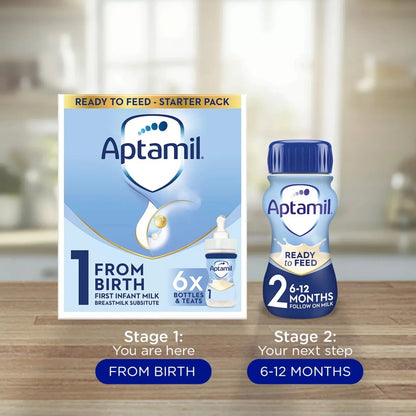 Aptamil Ready to Feed starter pack shown with a box labeled Stage 1 From Birth and a bottle labeled Stage 2 6-12 months, placed on a wooden surface against a blurred kitchen background.