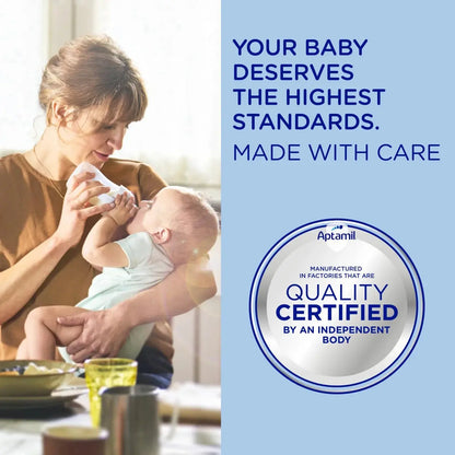 Woman holding a baby with a blue background and Aptamil logo, text 'Your baby deserves the highest standards. Made with care.