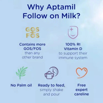 An infographic on a light blue background titled 'Why Aptamil Follow on Milk?' with text and icons highlighting product benefits: more GOS/FOS than other brands, 100% RI Vitamin D, no palm oil, ready to feed, and free expert careline.