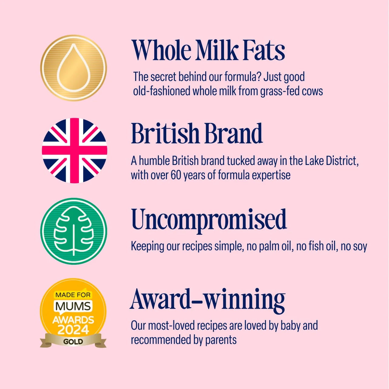 Promotional graphic for a British brand with text about whole milk fats, being a British brand, uncompromised recipes, and awards.