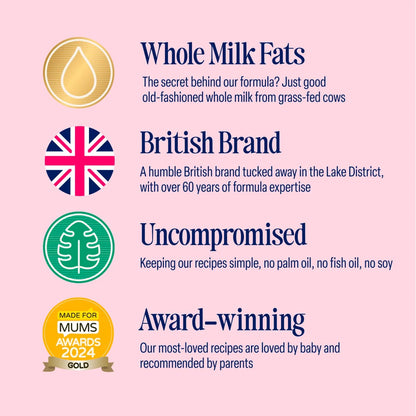 Promotional graphic for a British brand with text about whole milk fats, being a British brand, uncompromised recipes, and awards.