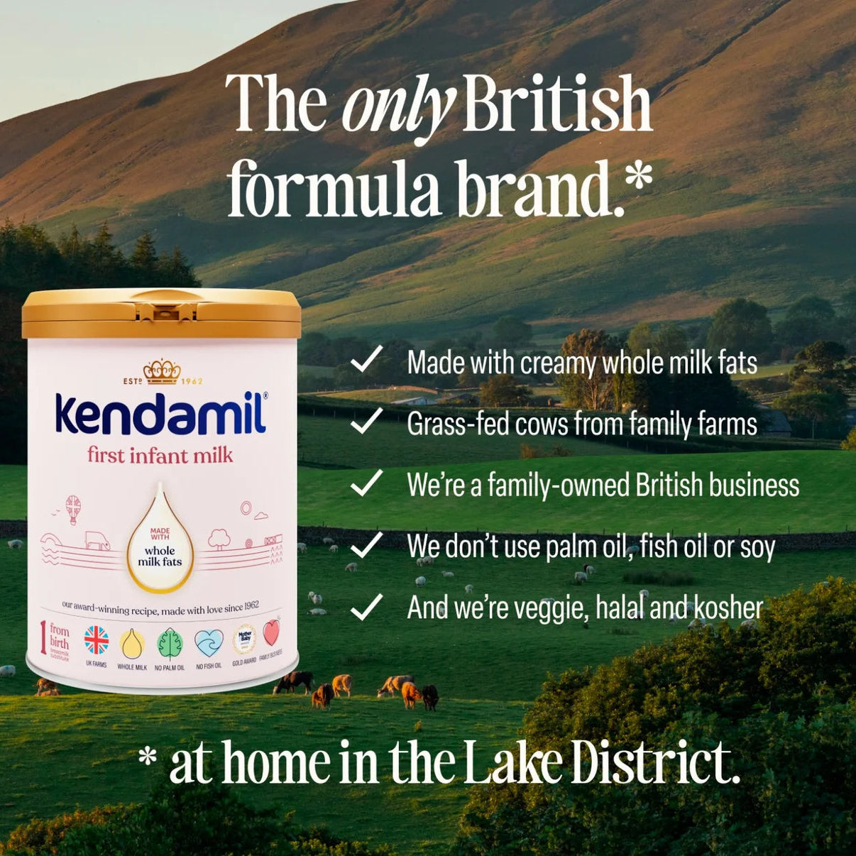 Kendamil first infant milk container with a scenic background of rolling hills and cows.