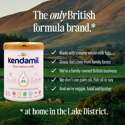 Kendamil first infant milk container with a scenic background of rolling hills and cows.