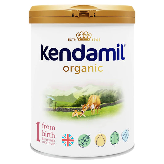 Kendamil organic baby formula can with gold lid on a white background