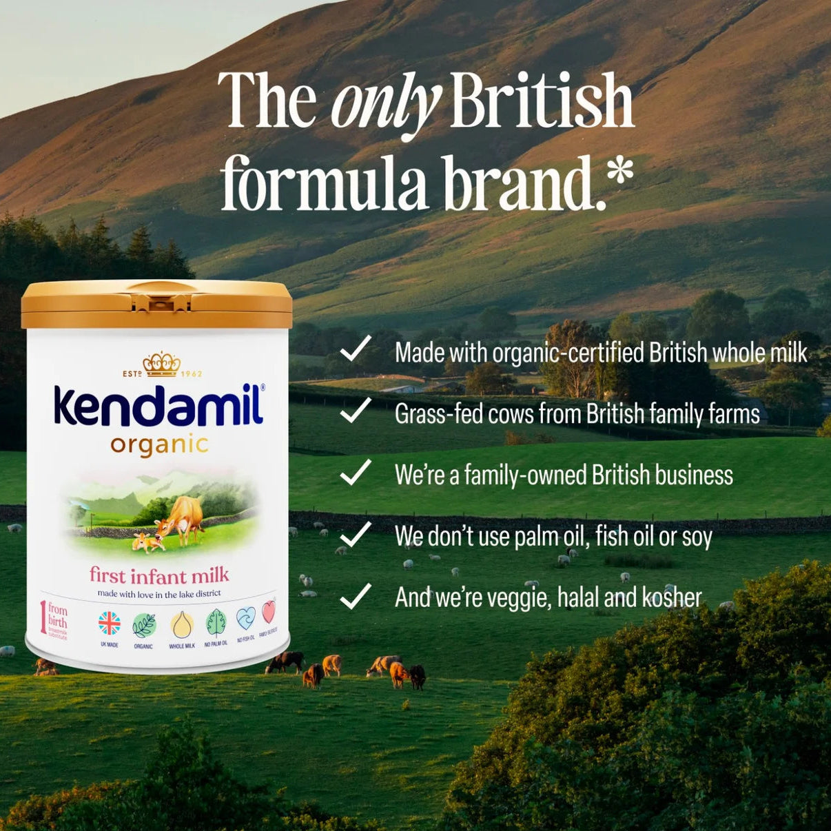 Kendamil organic infant milk formula container with a scenic background of hills and cows.