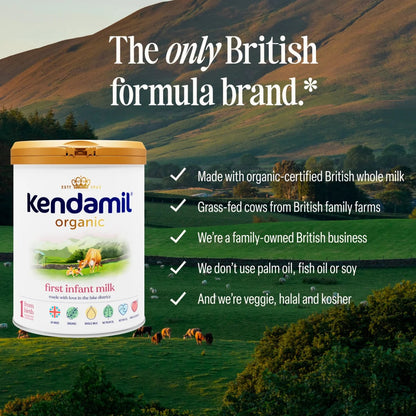 Kendamil organic infant milk formula container with a scenic background of hills and cows.