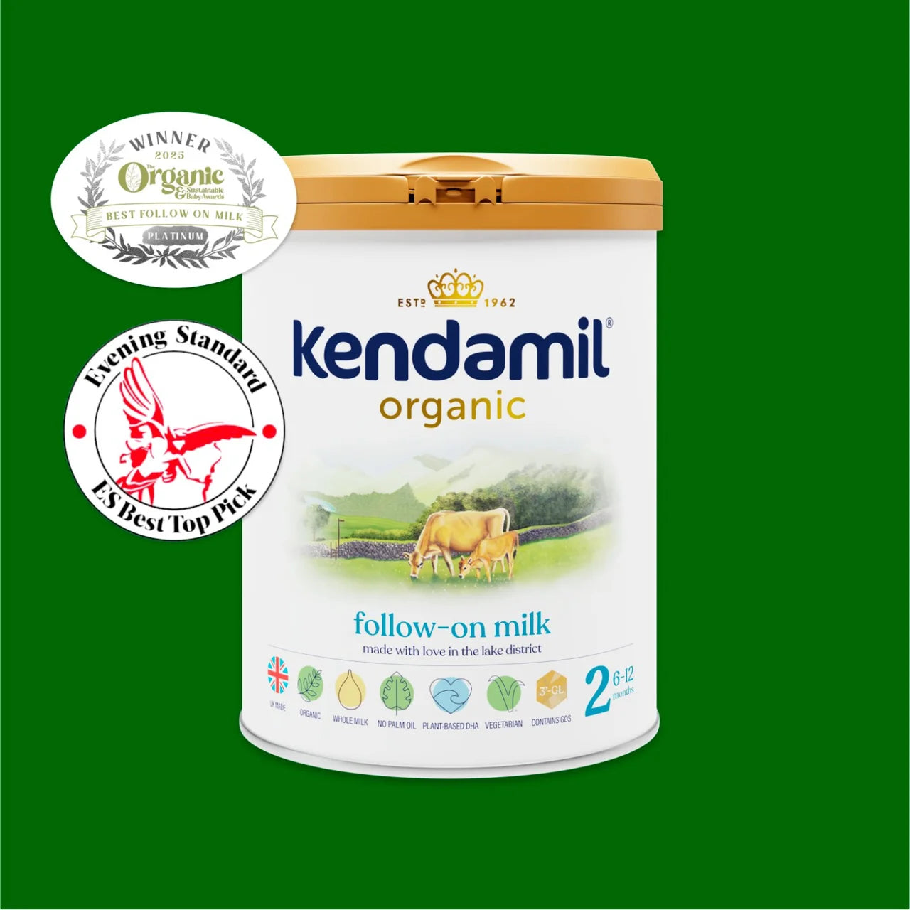 Kendamil organic follow-on milk canister with awards on a green background