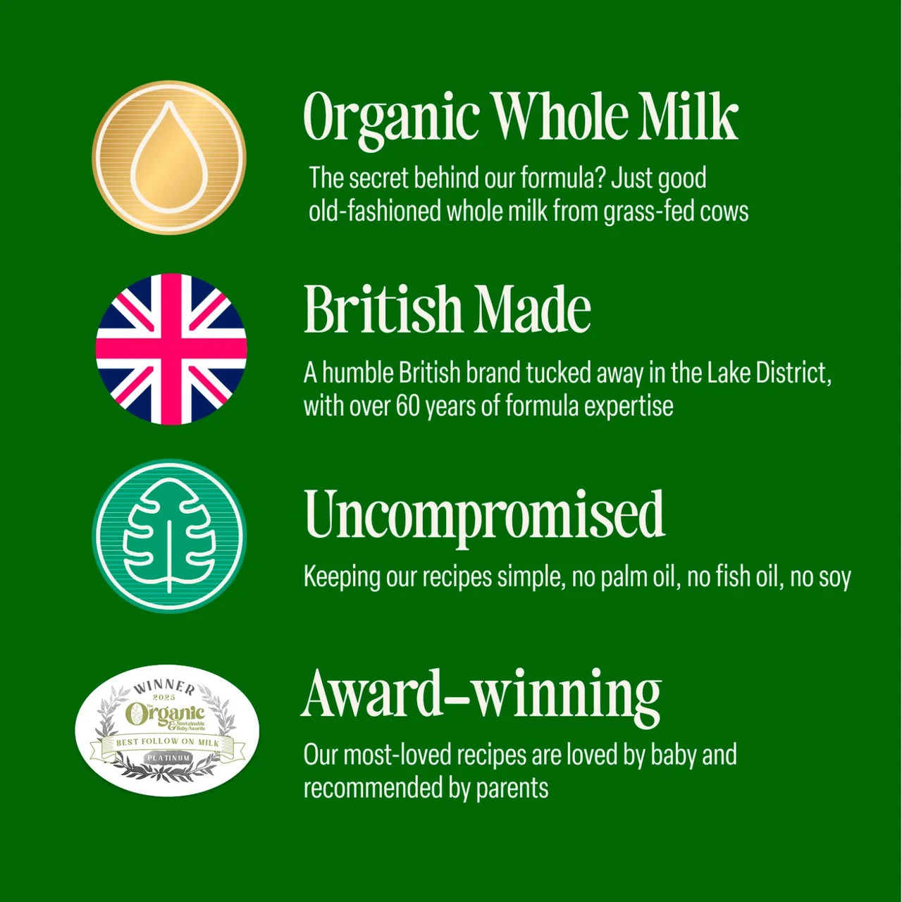 A green promotional graphic with four text blocks and icons: Organic Whole Milk, British Made, Uncompromised, and Award-winning. The Organic Whole Milk text is highlighted with a gold droplet icon, while the other text sections have corresponding colored icons.
