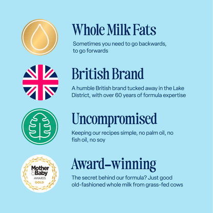 Promotional graphic for a British brand with text and logos on a light blue background