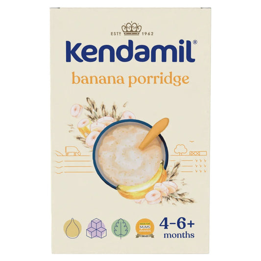Kendamil banana porridge box for 4-6+ months, featuring a cream-colored background with blue and orange text and an illustration of a bowl of porridge with banana slices.