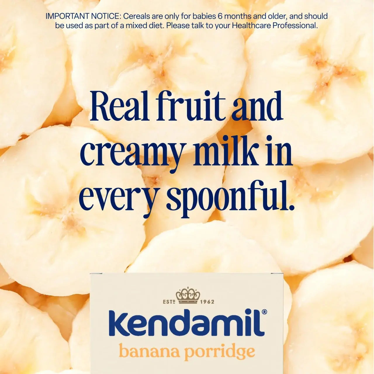 Kendamil banana porridge packaging with text about ingredients and usage.