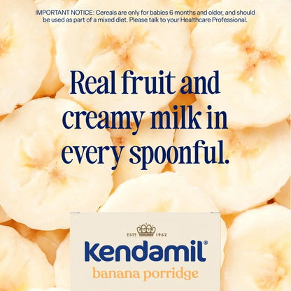 Kendamil banana porridge packaging with text about ingredients and usage.