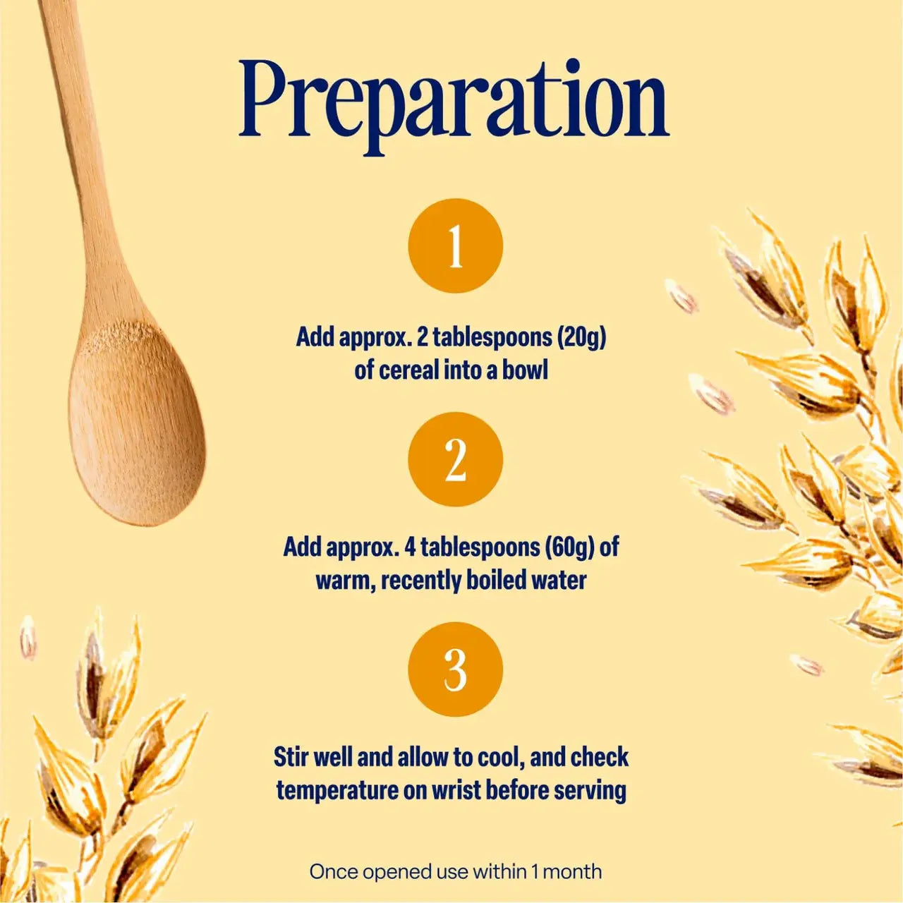 Instructional graphic titled 'Preparation' on a pale yellow background, showing three numbered steps for making a cereal drink: adding 2 tablespoons of cereal, 4 tablespoons of warm boiled water, and stirring. A wooden spoon is pictured on the left, and wheat illustrations decorate the corners.