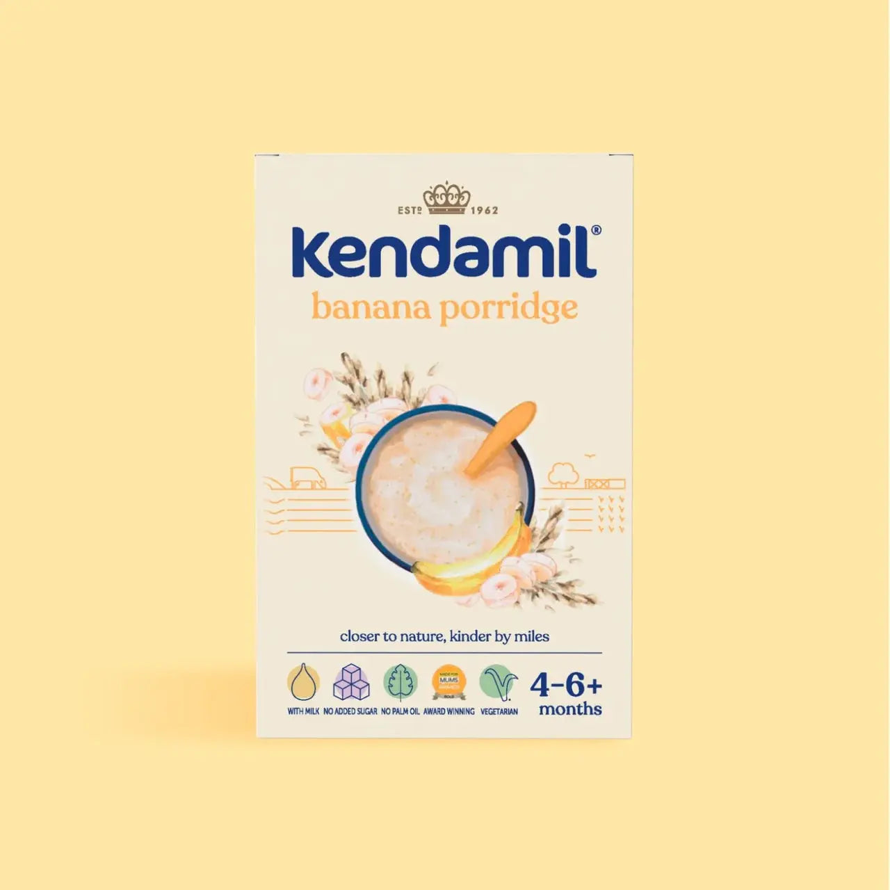 Kendamil banana porridge packaging on a yellow background