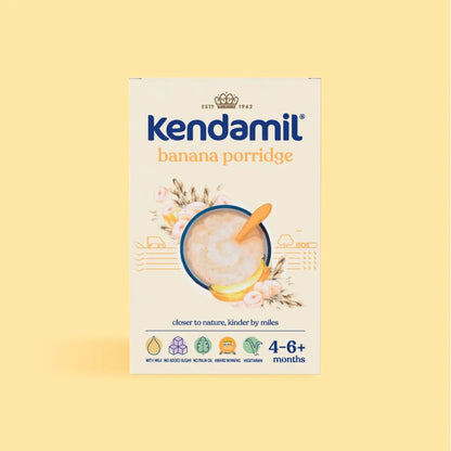 Kendamil banana porridge packaging on a yellow background