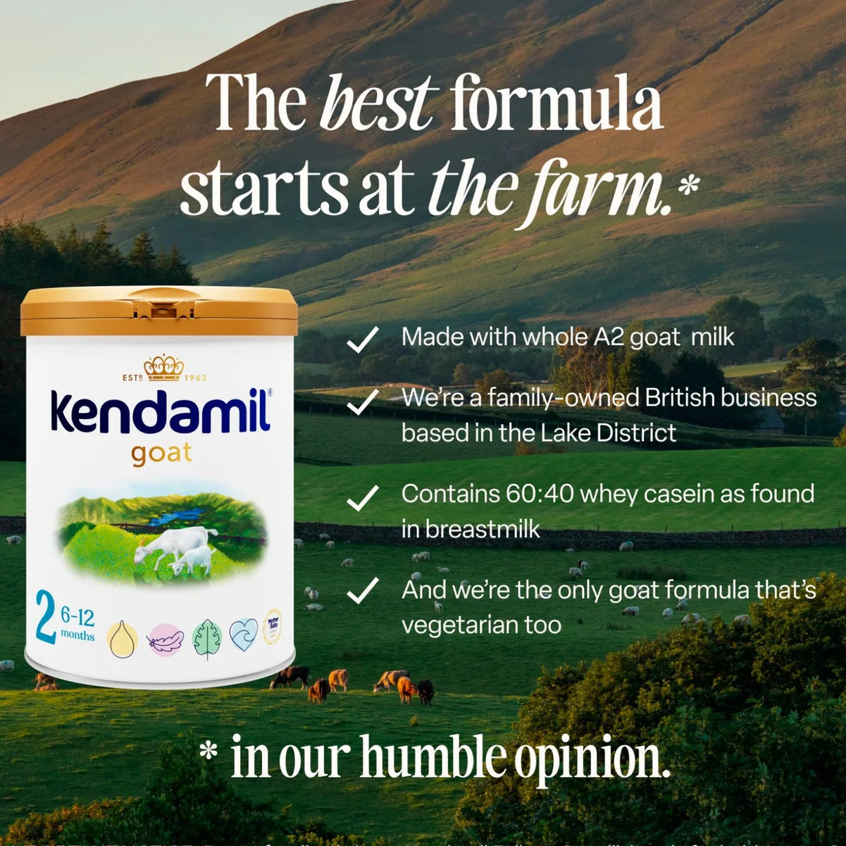 Kendamil goat milk formula container with a scenic background of mountains and green fields.
