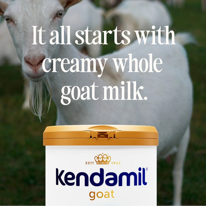 Kendamil goat milk container with a goat in the background and text about breastfeeding.