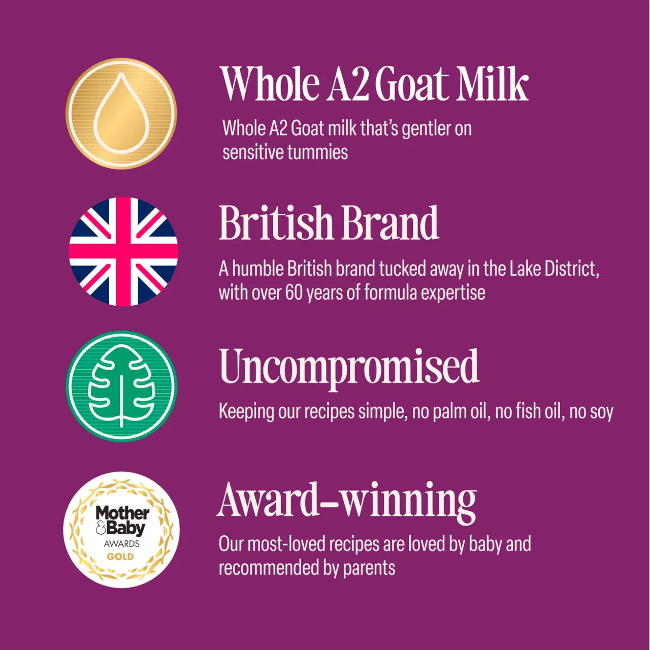 Promotional graphic for whole A2 goat milk with British brand credentials on a purple background.