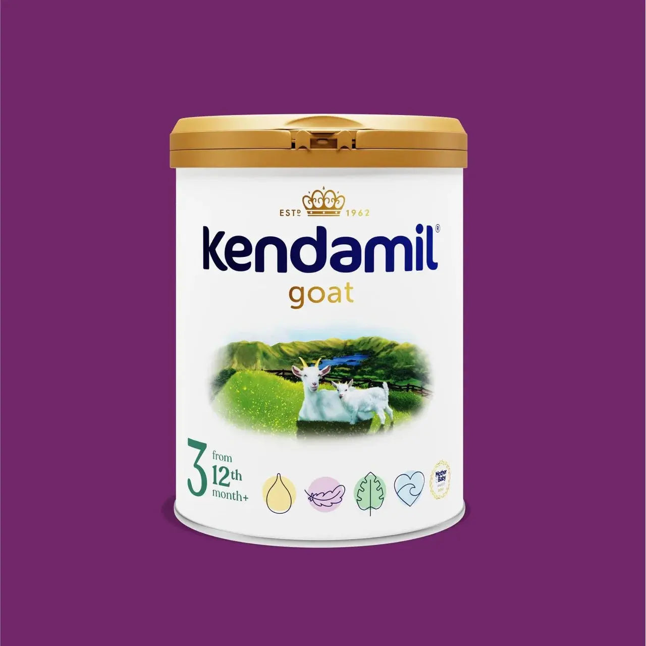 A canister of Kendamil goat milk powder, stage 3 from 12 months+, shown against a solid purple background. The canister is white with a gold lid and features the brand name 'kendamil' in blue, along with a graphic of a green field and a white goat.