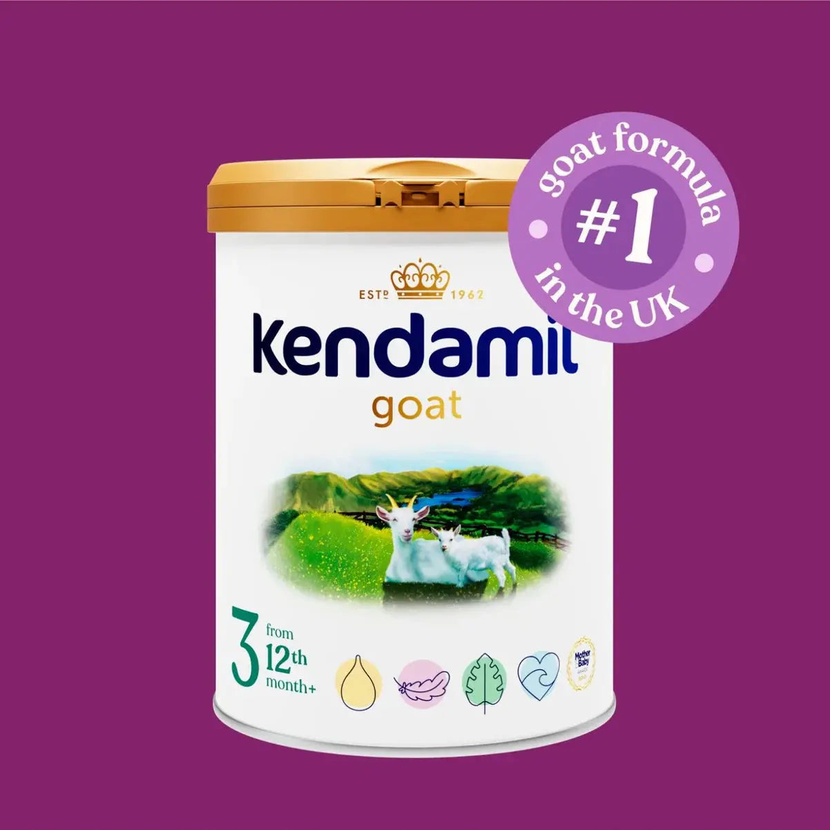 Kendamil goat formula canister on a purple background with branding text.