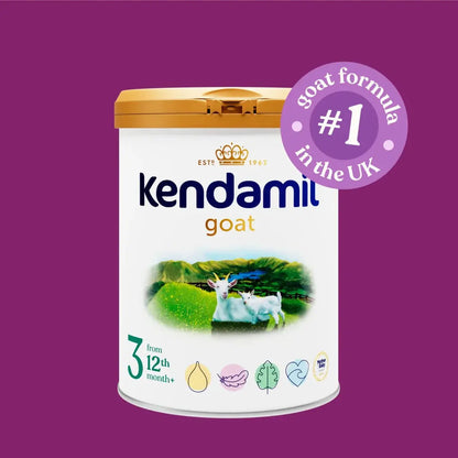 Kendamil goat formula canister on a purple background with branding text.