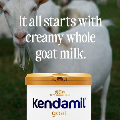 Kendamil goat milk container with a goat in the background and text about breastfeeding.