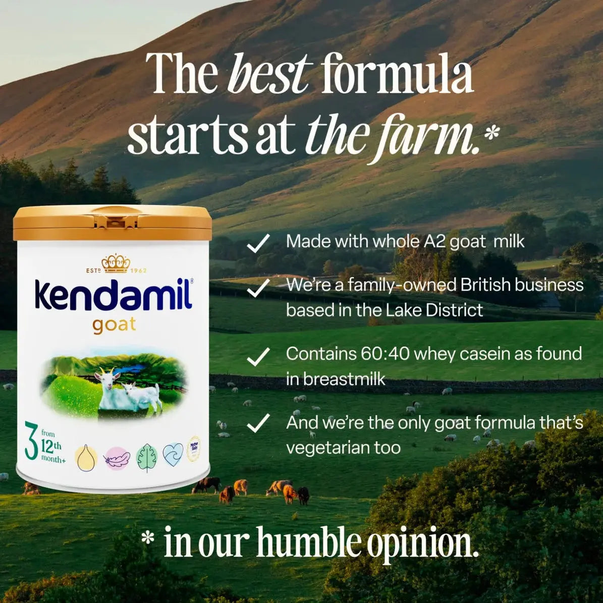 Kendamil goat milk formula container with a scenic background of mountains and green fields.