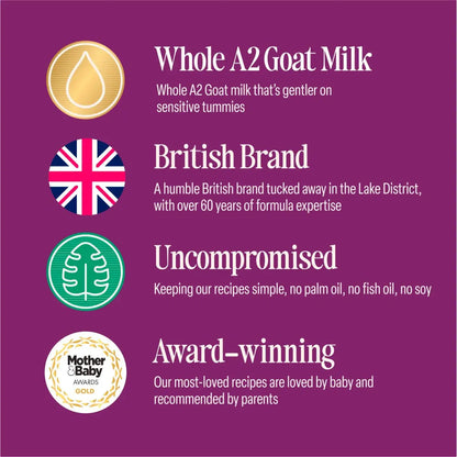 Promotional graphic for whole A2 goat milk with British brand credentials on a purple background.