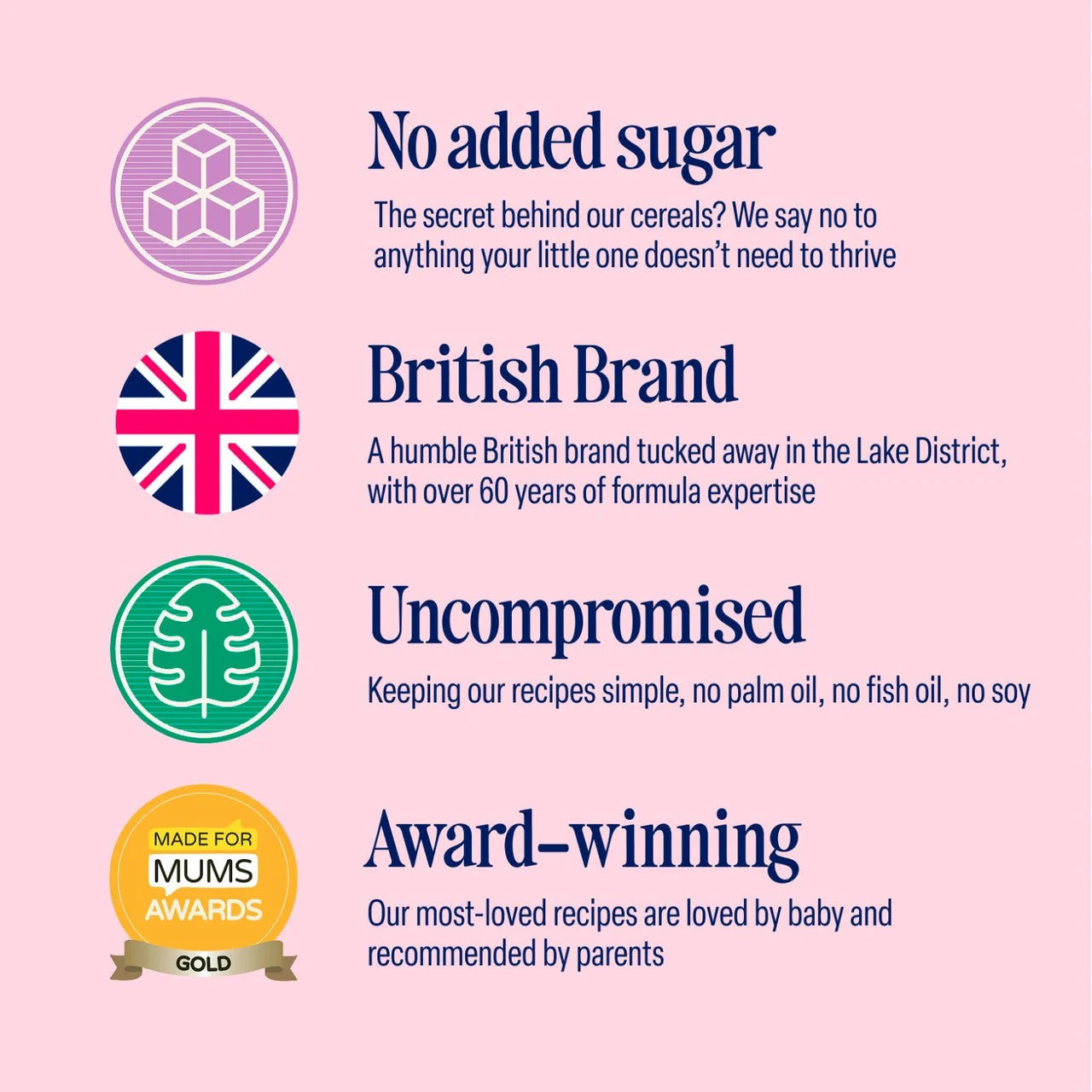Promotional graphic for a cereal brand with various claims on a pink background
