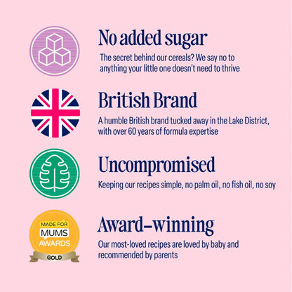 Promotional graphic for a cereal brand with various claims on a pink background