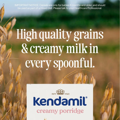 Kendamil creamy porridge packaging with text about high-quality grains and creamy milk in a field background.